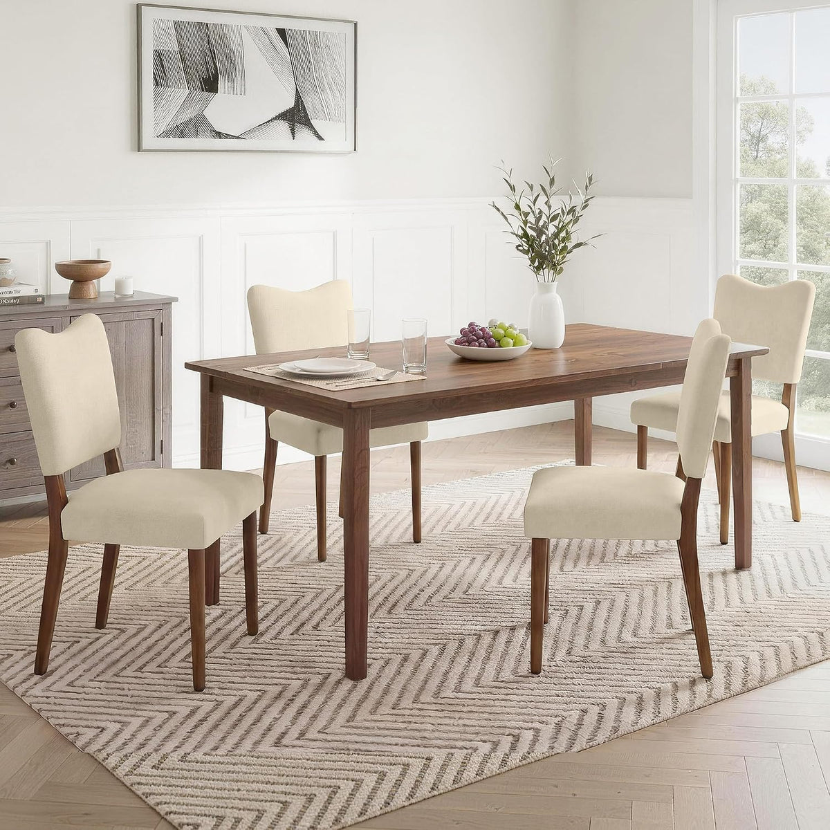 KISLOT Upholstered Dining Chairs Set of 4, Modern Velvet Kitchen Chairs with Solid Wood Legs, High Back Wooden Dining Room Chairs with Dark Walnut Color Legs for Farmhouse Kitchen Dining Room, Linen