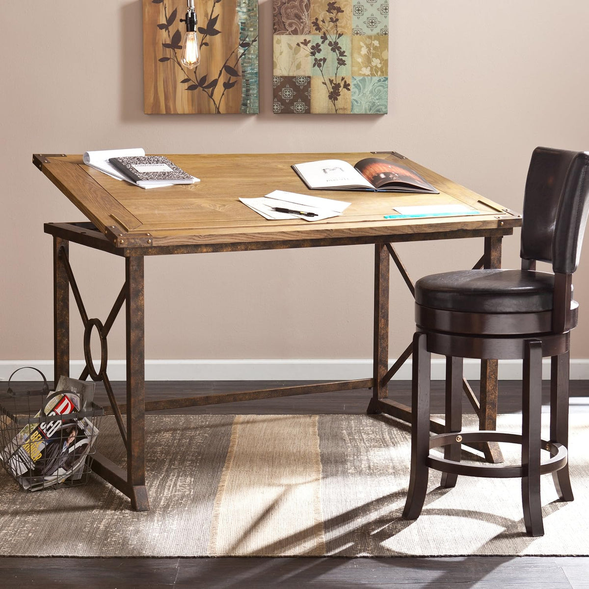 SEI FURNITURE Knightley Tilt Top Drafting Table - 51.5 inch Wide - Oak Wood Finish w/ Antique Brass, Brown