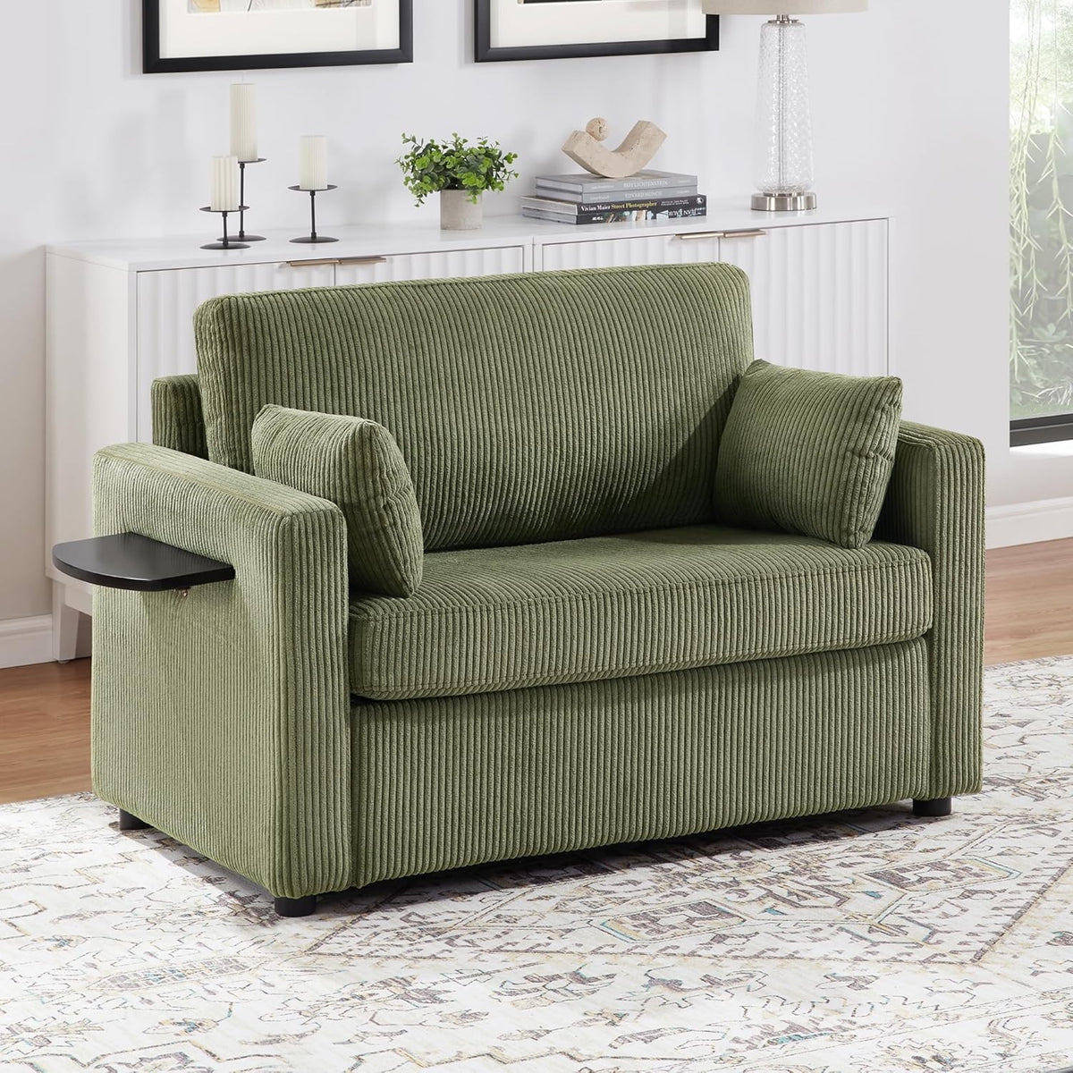 Twin Size Sofa Bed 47.2" Sleeper Sofa Loveseat Sofa with a Foldable Mattress, a Foldable Side Table, a Side Storage Pocket and Two USB Ports for Living Room, Green