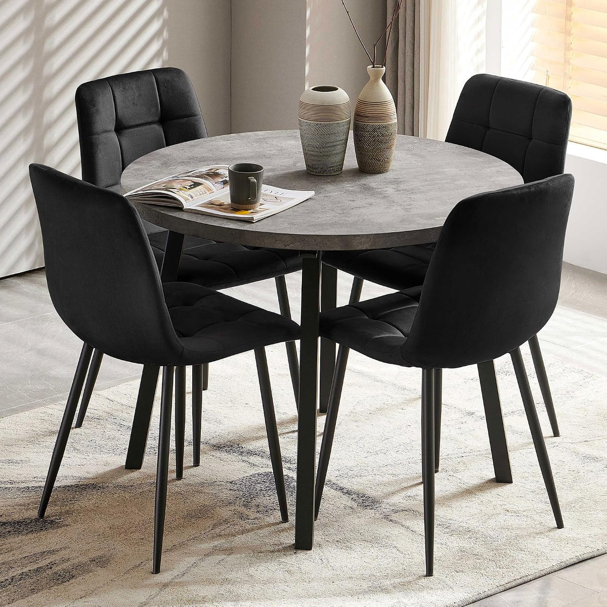 Homedot 5-Piece Round Dining Table Set for 4, 37-Inch Gray Kitchen Table with 4 Seated Black Dining Chairs Set for Apartment/Dining Hall, Compact Breakfast Nook Table Set
