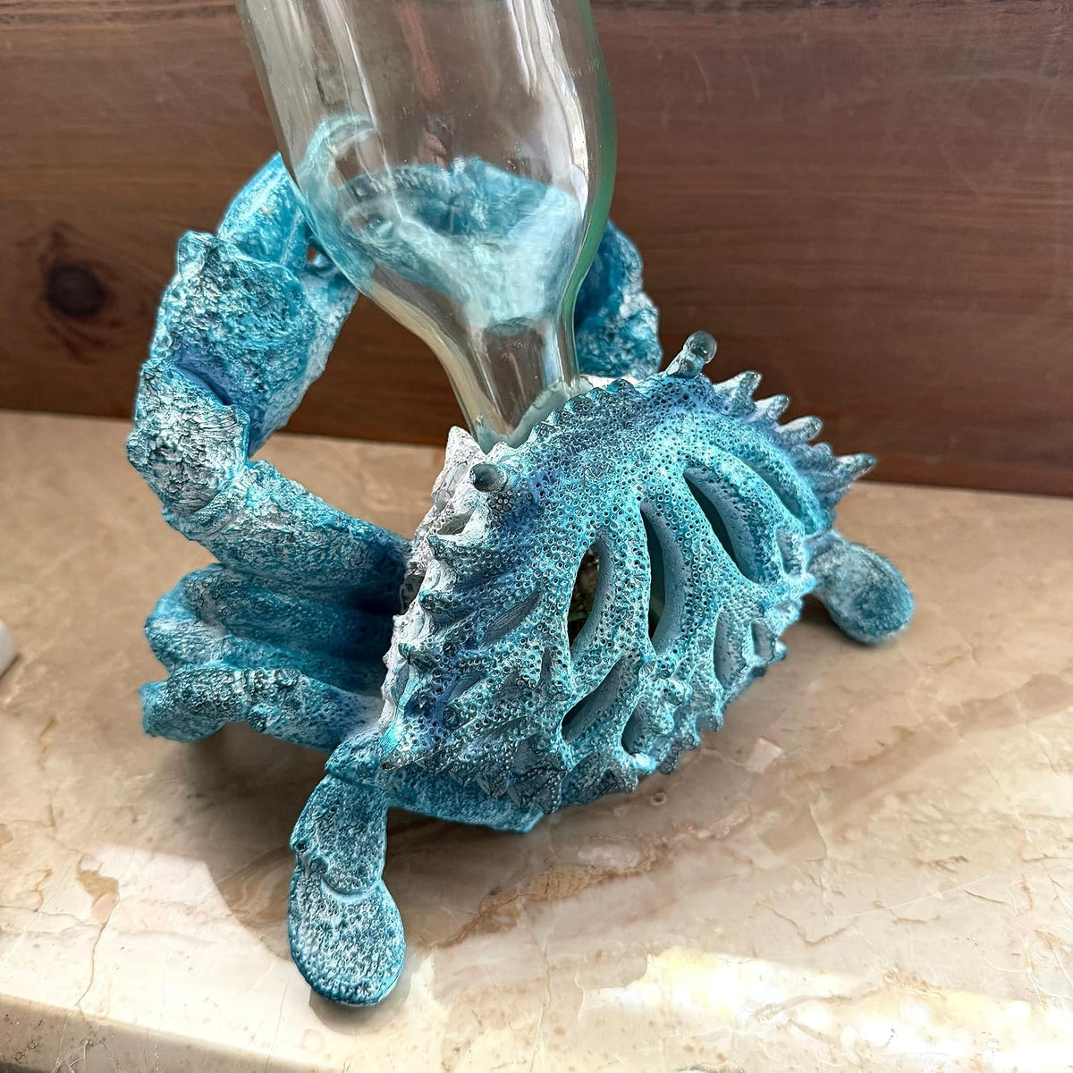 Crab Wine Bottle Holder, 8 Inch Turquoise Resin with Coral-Look Center | Raised Claws, Shell Ridges, Textured Legs, Distressed Whitewashed Finish, Open Center for Angled Display