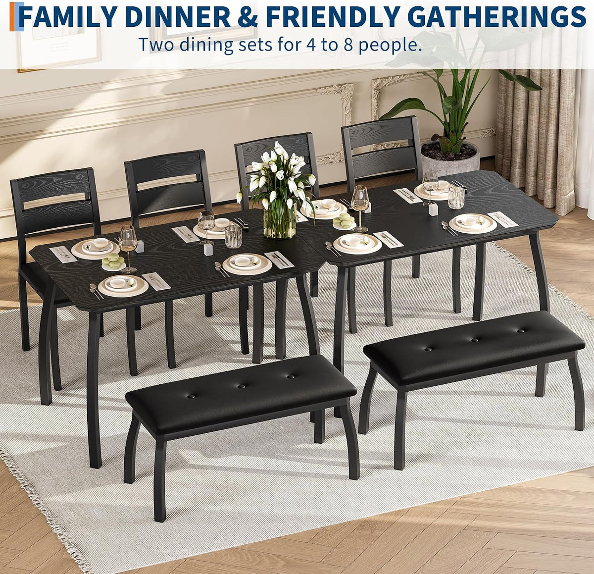 IDEALHOUSE 43'' Dining Table Set for 4, Wooden Kitchen Table with Upholstered Bench & 2 Cushion Chairs, Industrial Dinette Set for Studio, Kitchen, Dining Room, Apartment, Black