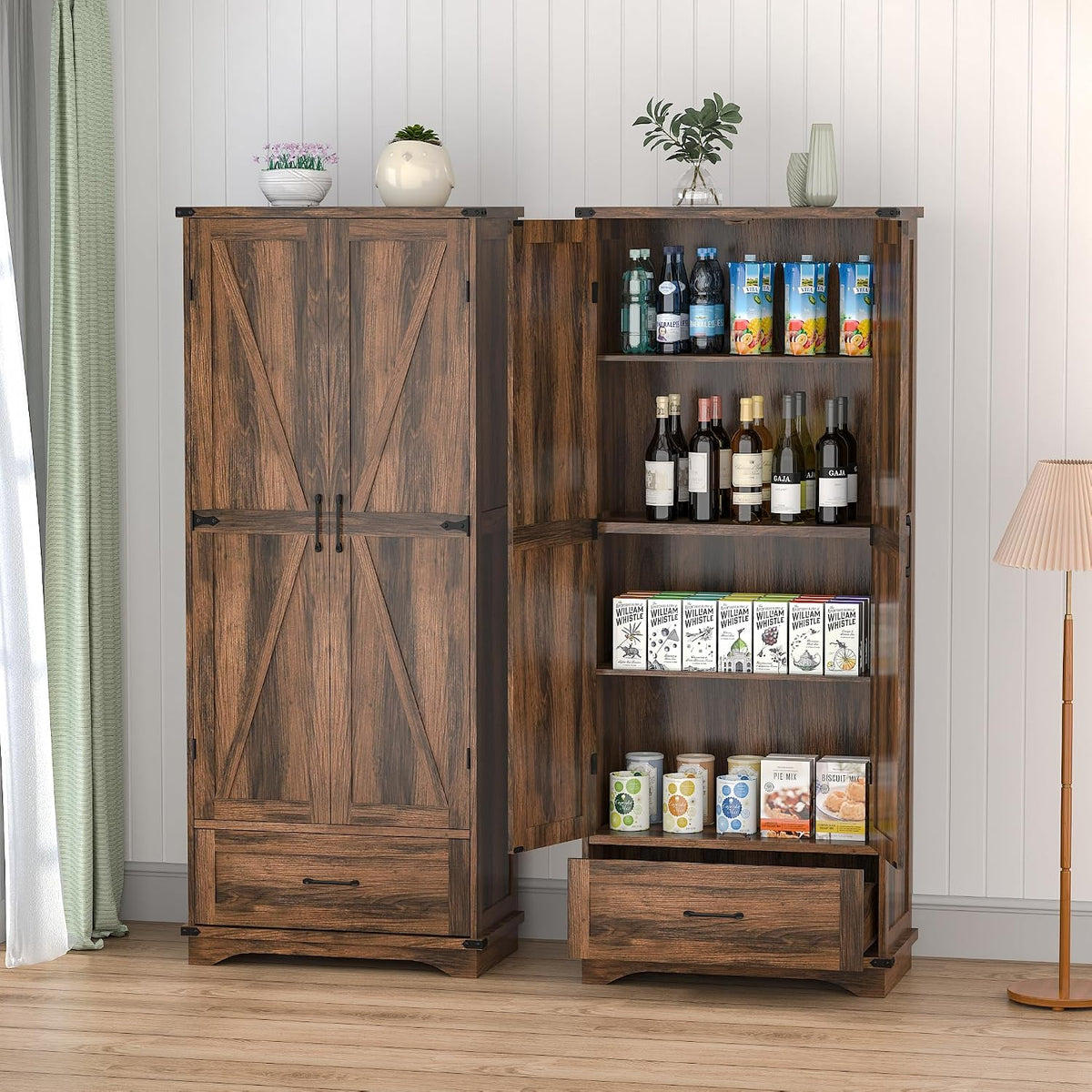 71" Farmhouse Kitchen Pantry Storage Cabinet with Drawer & 2 Barn Doors, Freestanding Cupboard with Adjustable Shelves, Modern Floor Cabinet for Kitchen, Dining Room, Living Room, Bathroom, Brown
