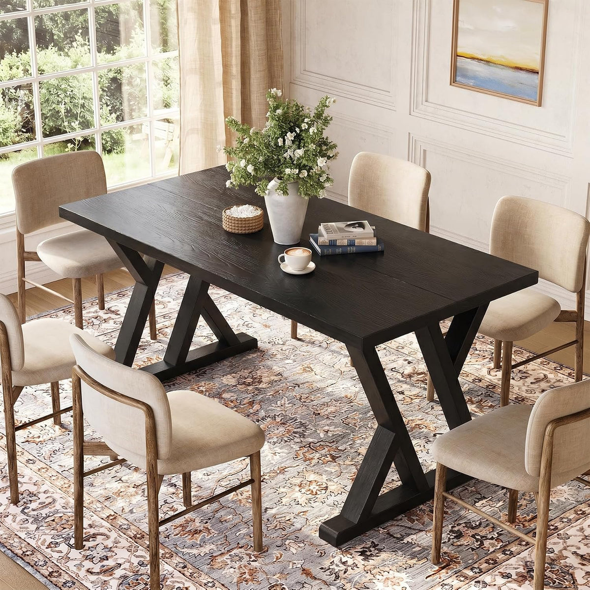 Solid Wood Dining Table for 4-6 People, 63 Inches Wooden Farmhouse Rectangular Kitchen Dinner Table with Heavy-Duty Legs for Home, Living Room, Dining Room, Black