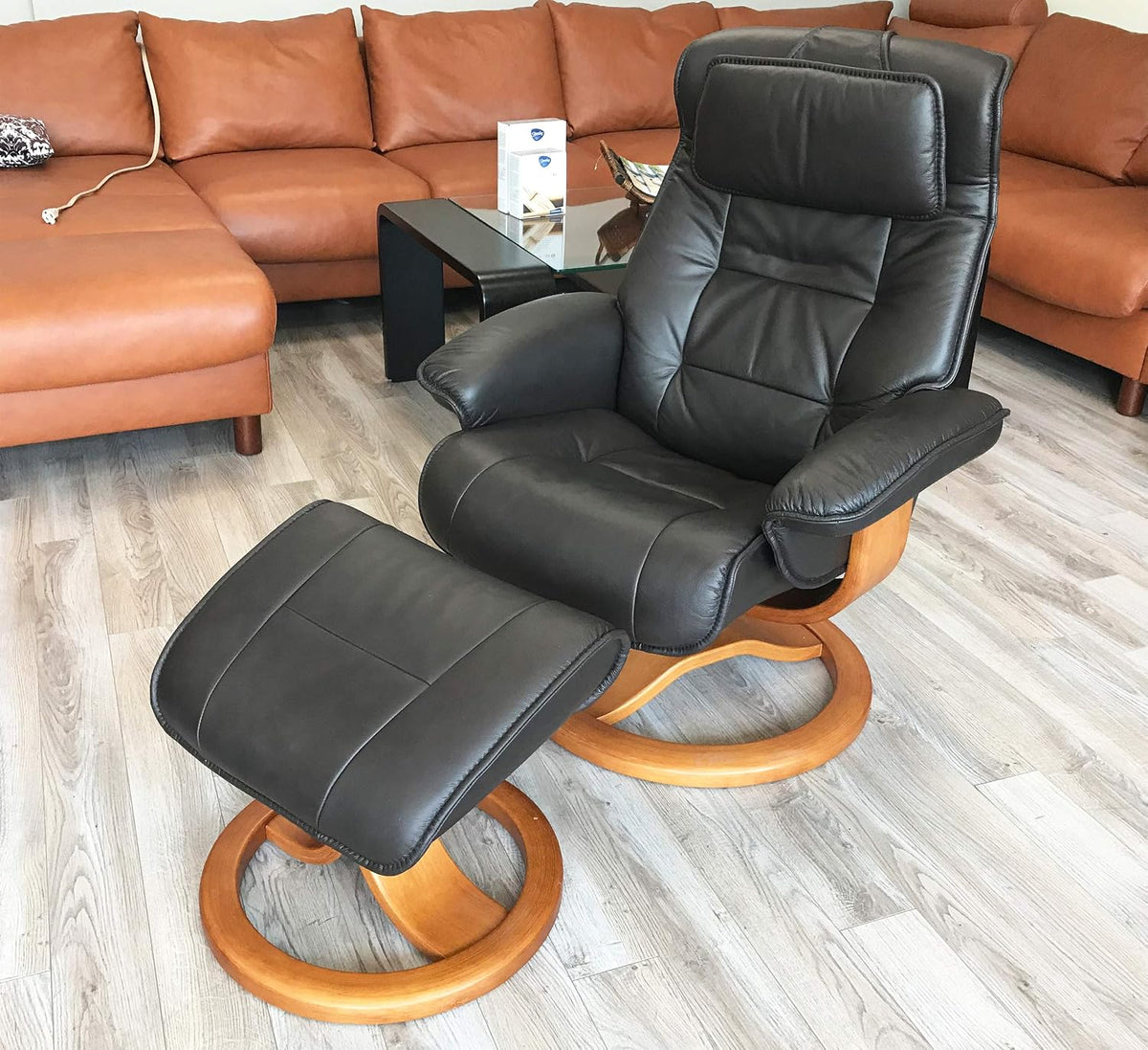 Fjords Mustang Large Leather Recliner Chair and Ottoman Norwegian Ergonomic Furniture Nordic Line Genuine Black Leather Cherry Wood