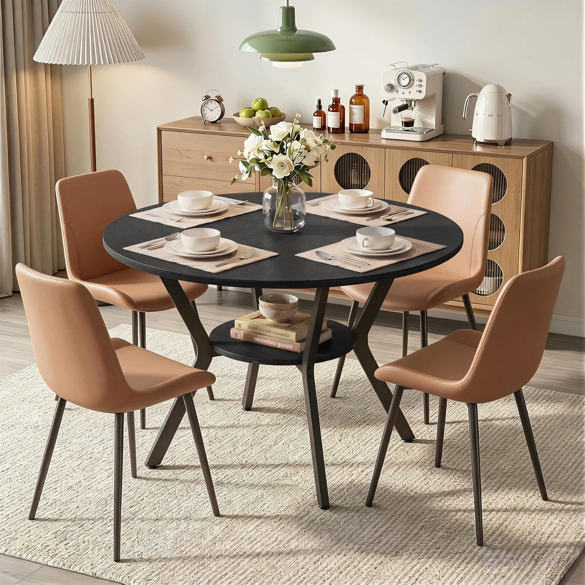 Miereirl 42.13" 5-Piece Round Dining Table Set for 4, Kitchen Table Set with 4 Upholstered Chairs and Storage Shelf, Dining Room Furniture Set for Apartment, Small Spaces
