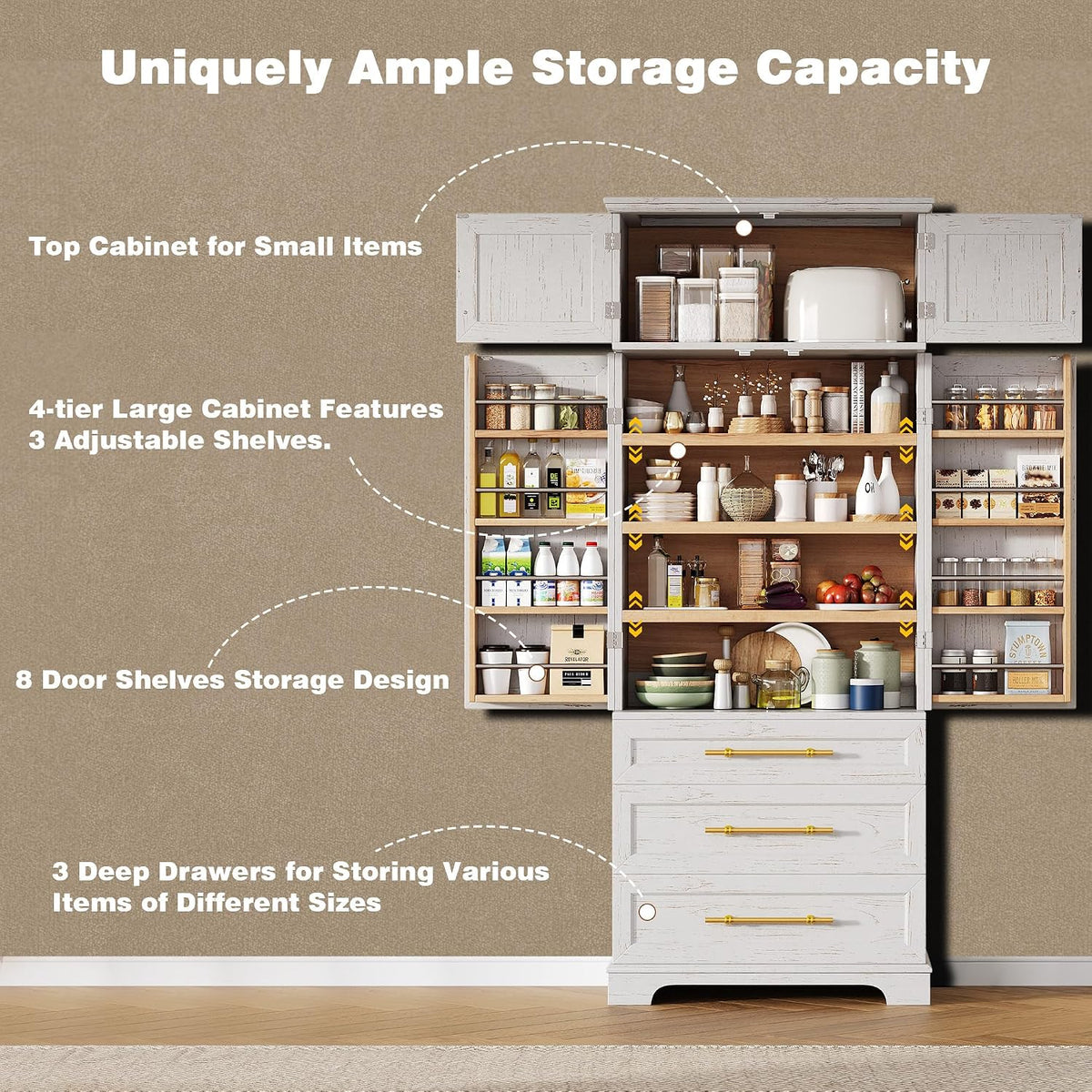 LUMISOL Kitchen Pantry Cabinet with Drawers, 78.2" Tall Cupboard Storage Cabinet with 3 Adjustable Shelves, Farmhouse Kitchen Hutch with 8 Door Shelves for Dining Room Living Room, Retro White