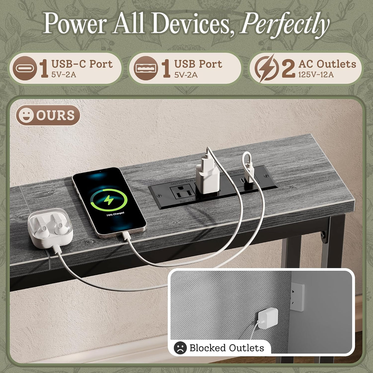 Huuger 110.2 Inch Behind Couch Table with 2 Power Outlets and USB-C Ports, Extra Long Narrow Sofa Table for Sectional Sofa, Skinny Console Table with Anti-Bump Pads, for Living Room, Grey