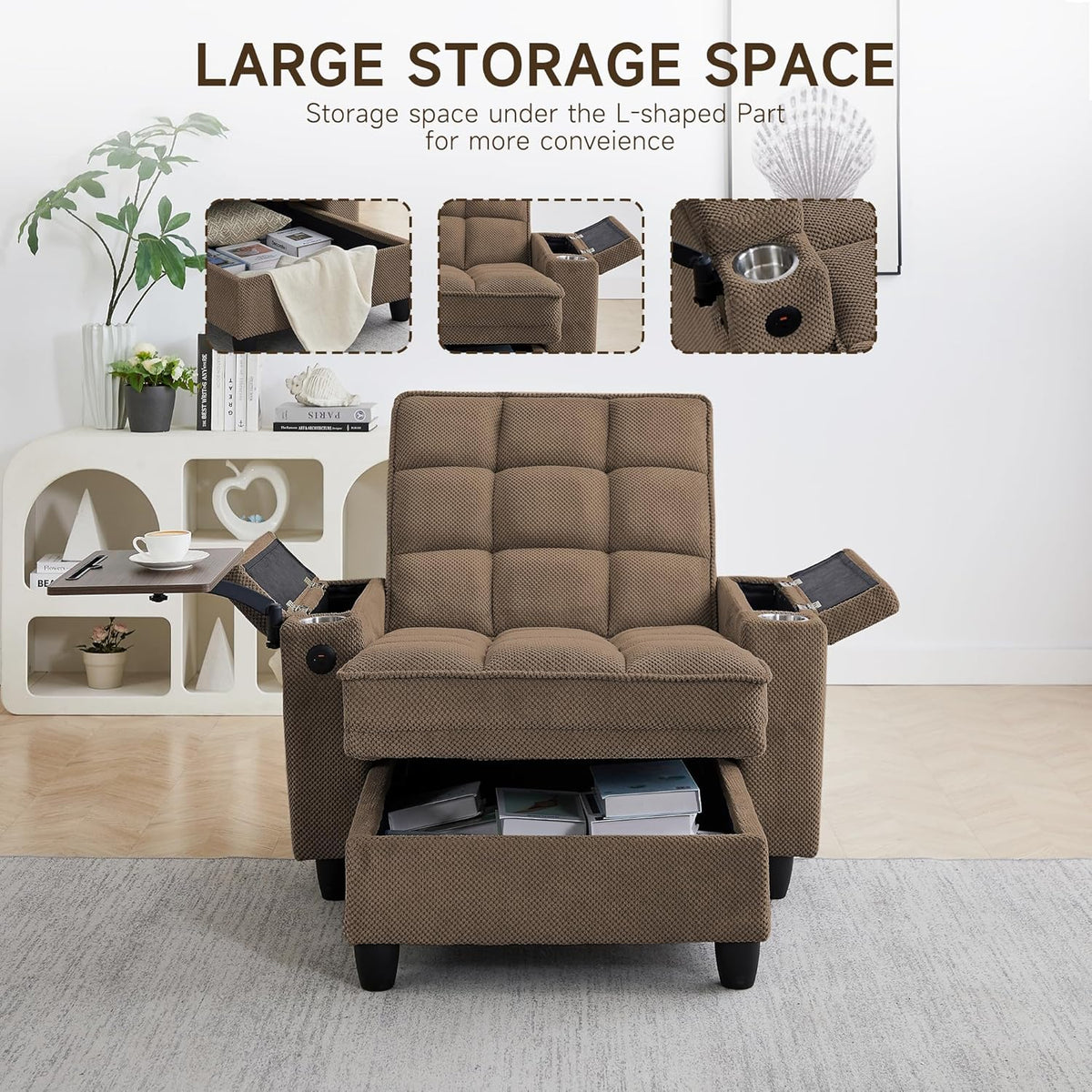 41.7" Oversized Living Room Chair, Convertible Chaise Lounge Chair Indoor with Adjustable Backrest, Deep Seat Accent Reading Chair with Armrest Storage, Swivel Side Table & Cup Holders for Bedroom