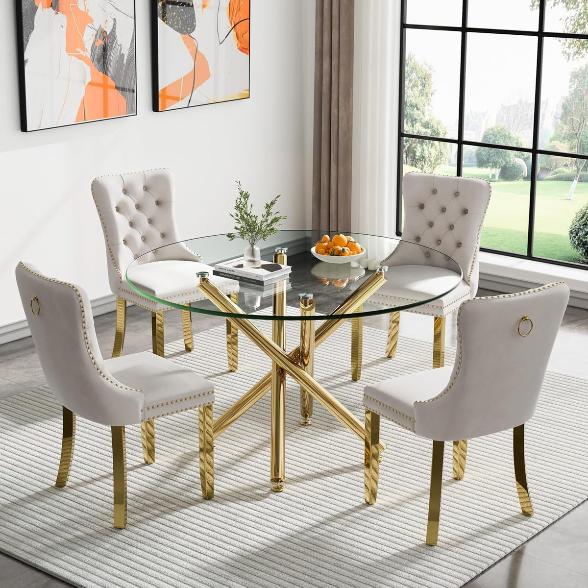 Round Glass Dining Table Set for 4, Small Kitchen Table Set for 4, 47" Circle Gold Glass Dinner Table for 4 with Beige Velvet Chairs, 5 Piece Dining Room Table Set for 4 for Breakfast Dinette Cafe