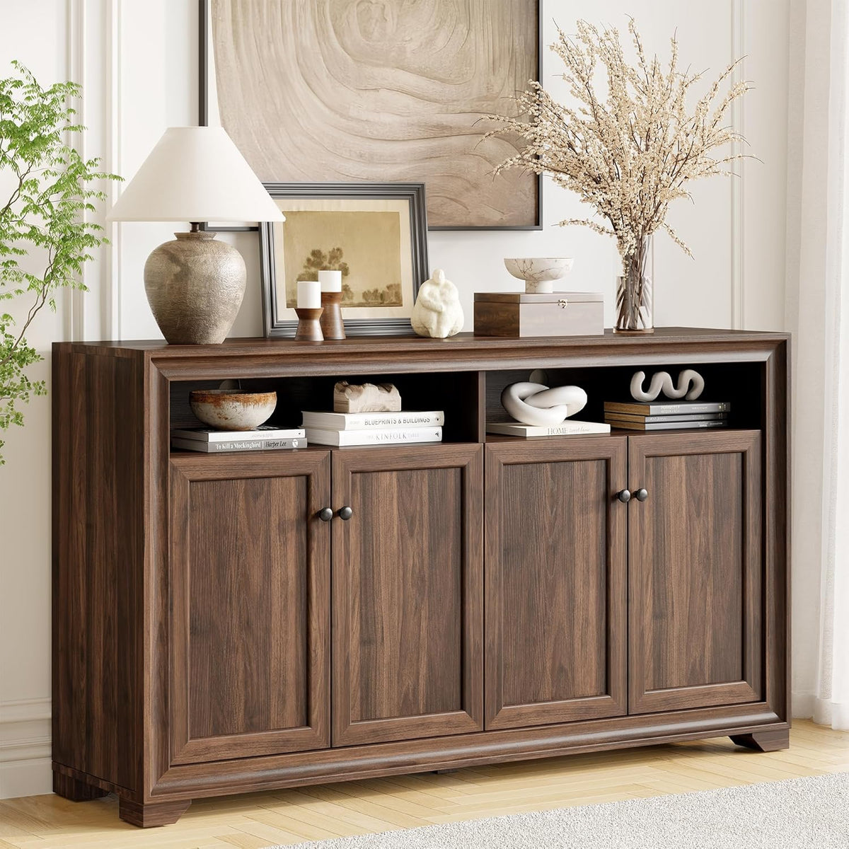 ONBRILL 60 Inches Sideboard Buffet Cabinet with Storage, 4 Doors Large Sideboard, Kitchen Cabinet with Open Shelf & Adjustable Shelf, Kitchen Coffee Bar Console Table for Living Room, Hallway, Brown