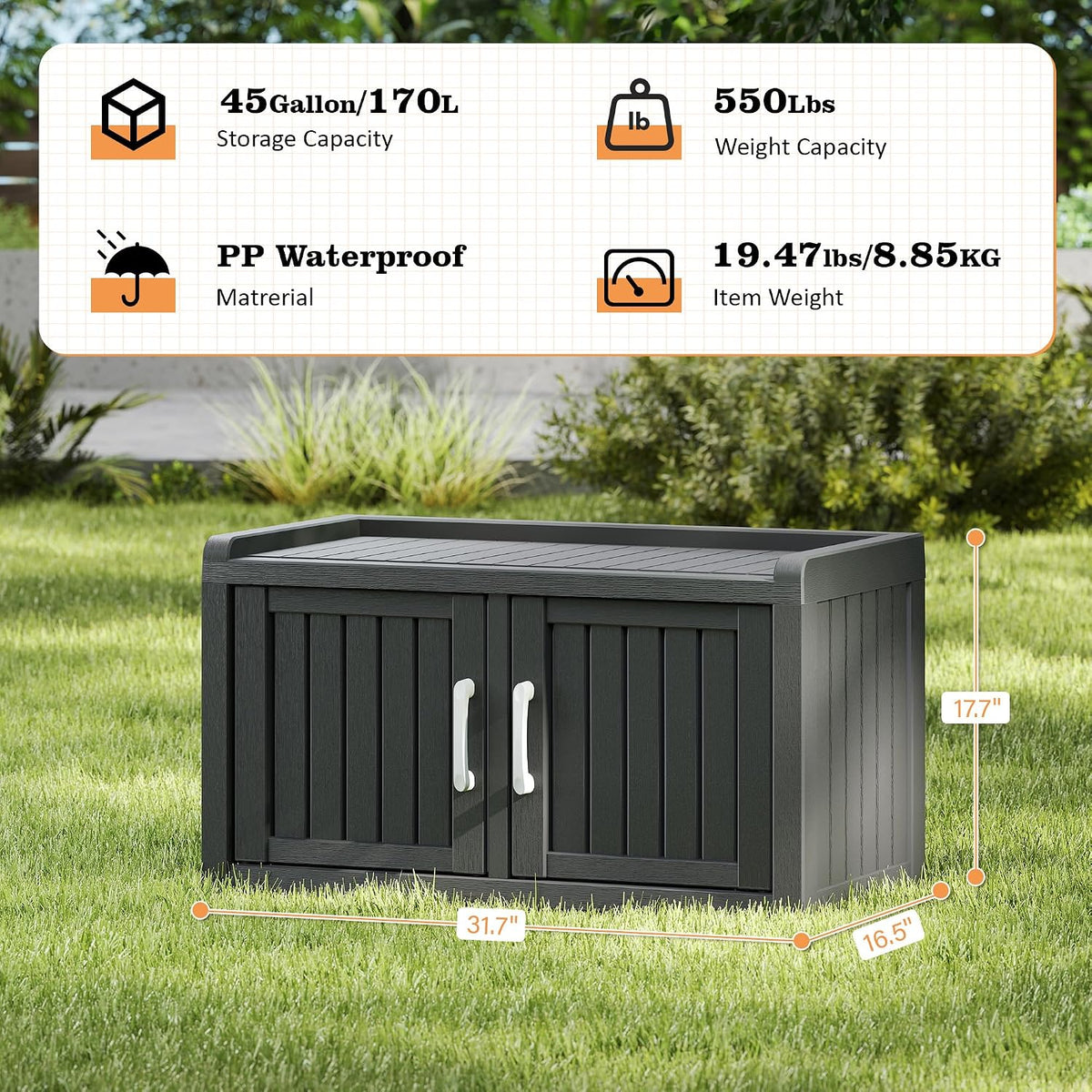 NUNU LAB Outdoor Storage Bench with 2 Barn Doors - Waterproof UV-Resistant Shoe Cabinet for Entryway, Indoor & Outdoor Use, Adjustable Shelves, Easy Assembly (Black, 31.7IN)