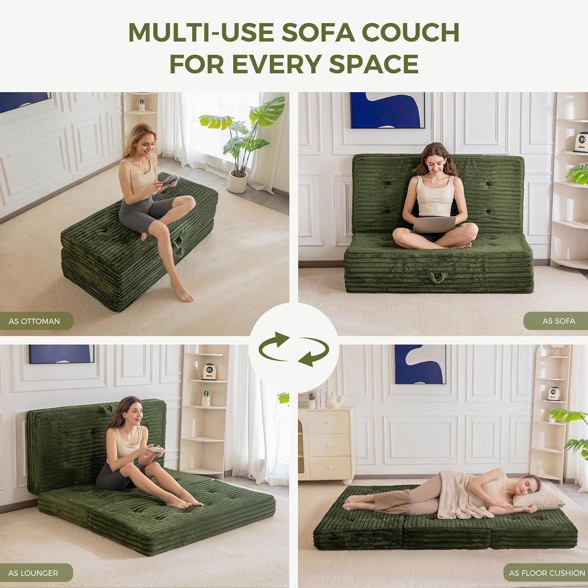 MAXYOYO Floor Sofa Couch, 6 Inch Tri-Fold Floor Sofa Bed, Folding Mattress with Handles, Soft Faux Fur Folding Bed with Supportive Foam Filling, Portable Couch for Living Room, Full, Dark Green