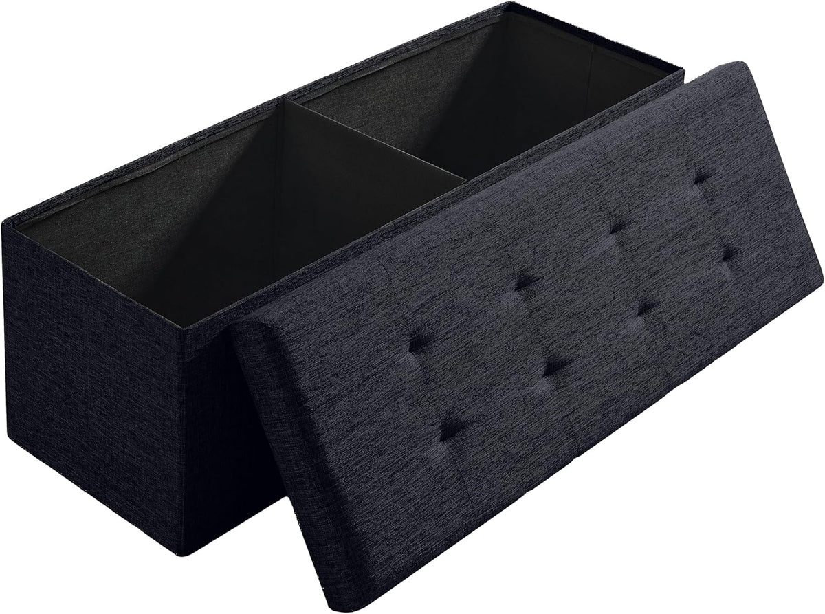 Ornavo Home 43 Inch Folding Extra Large Storage Bench, Linen, Black | Upholstered Tufted Ottoman with Lid; Foot Rest Stool; Ideal for Bedroom, Living Room or Entryway