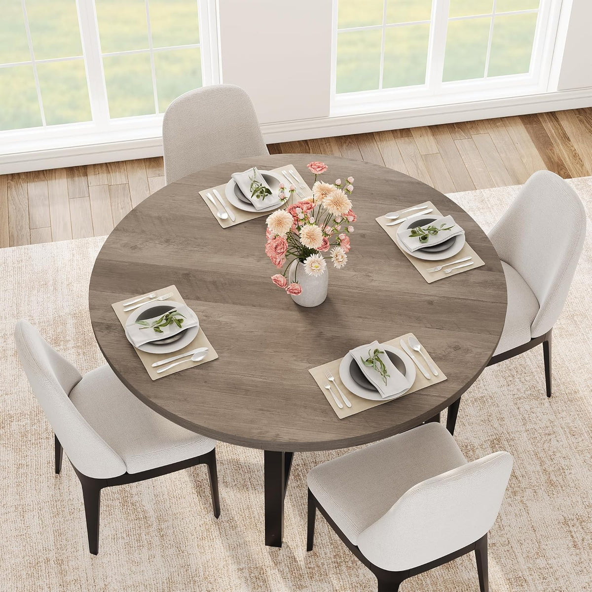 47 Inch Round Dining Table for 4-6 People, Modern Kitchen Table with Wood Metal Industrial Design, Circle Diner Table for Small Space Home Kitchen-Rustic Grey