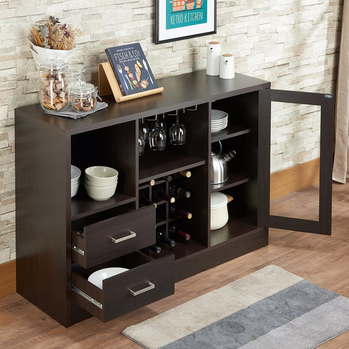Knocbel Wooden Storage Wine Cabinet with Glass Door and 2 Interior Shelves, Console Table Buffet Sideboard Server with Drawers and Open Compartments for Kitchen 16" D x 47" W x 33" H Espresso