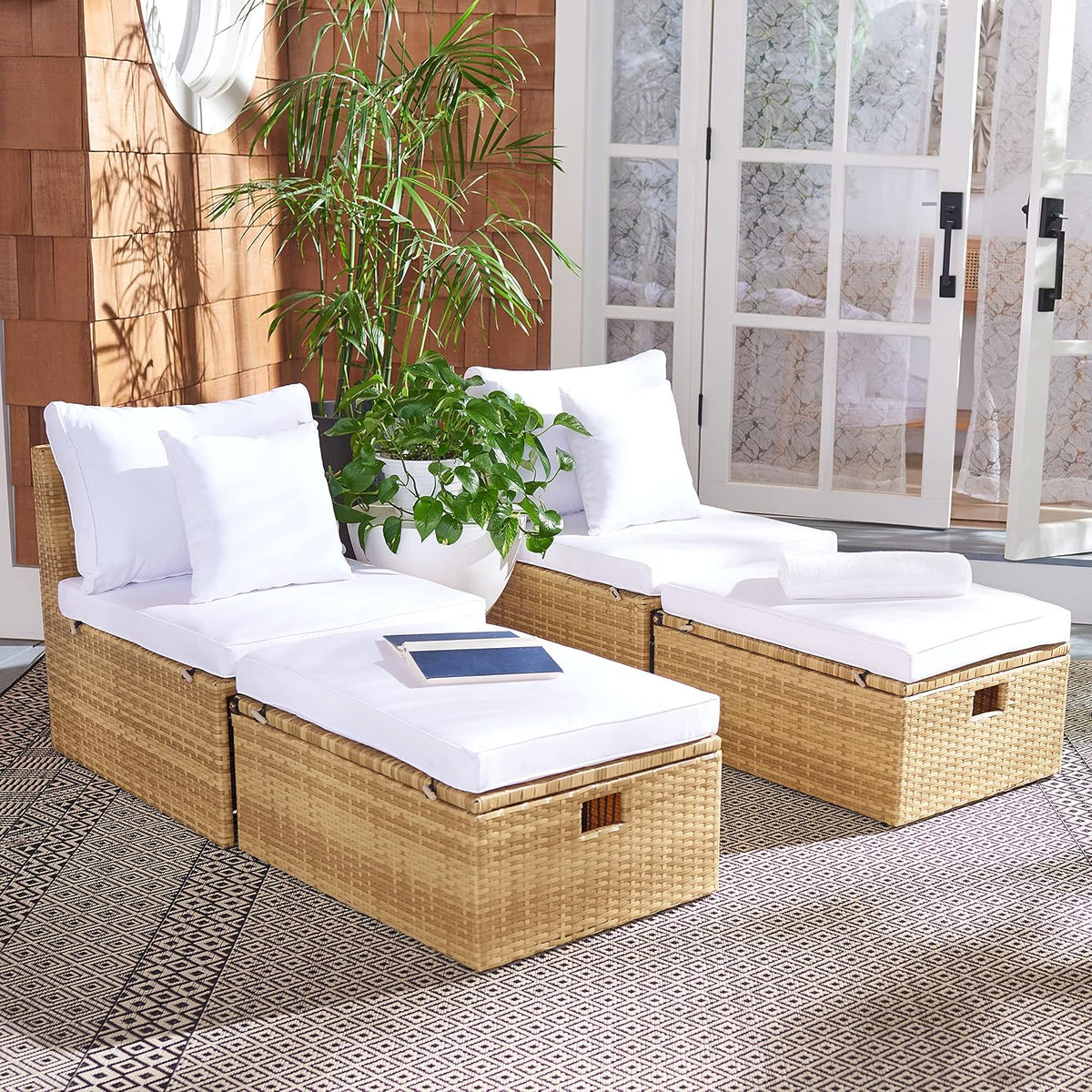 SAFAVIEH Outdoor - Pramla Settee and Ottoman Set - Natural & White - Steel Frame with Cushion - Coastal Storage Design - Ideal for Patio, Deck, Porch, Backyard (PAT7515D)