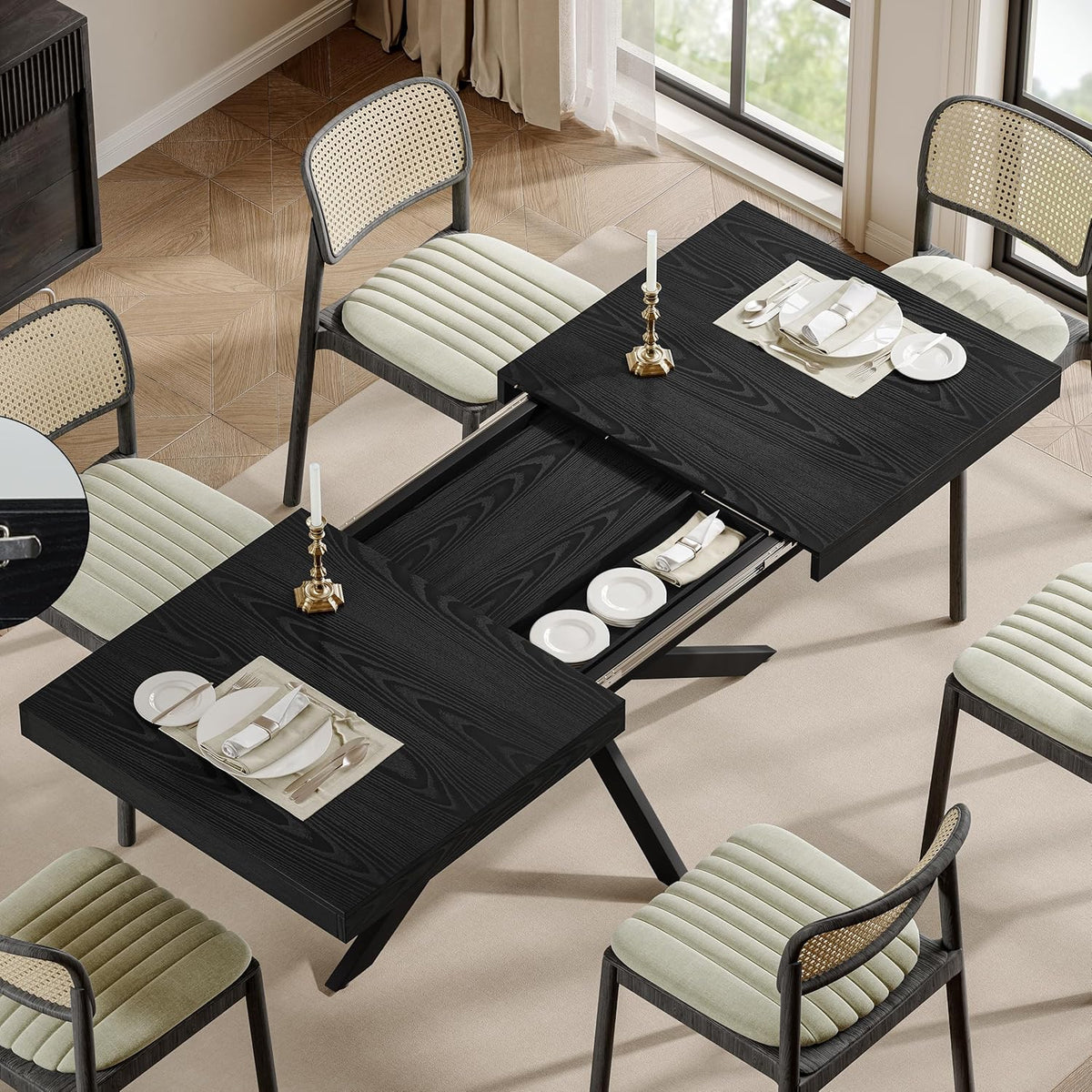 Extendable Dining Table for 4 6 8, 55"-70.9" Black Kitchen Table, Wood Rectangle Expandable Dining Room Table with Hidden Storage, Space Saving, for Kitchen Dining Living Room, Modern