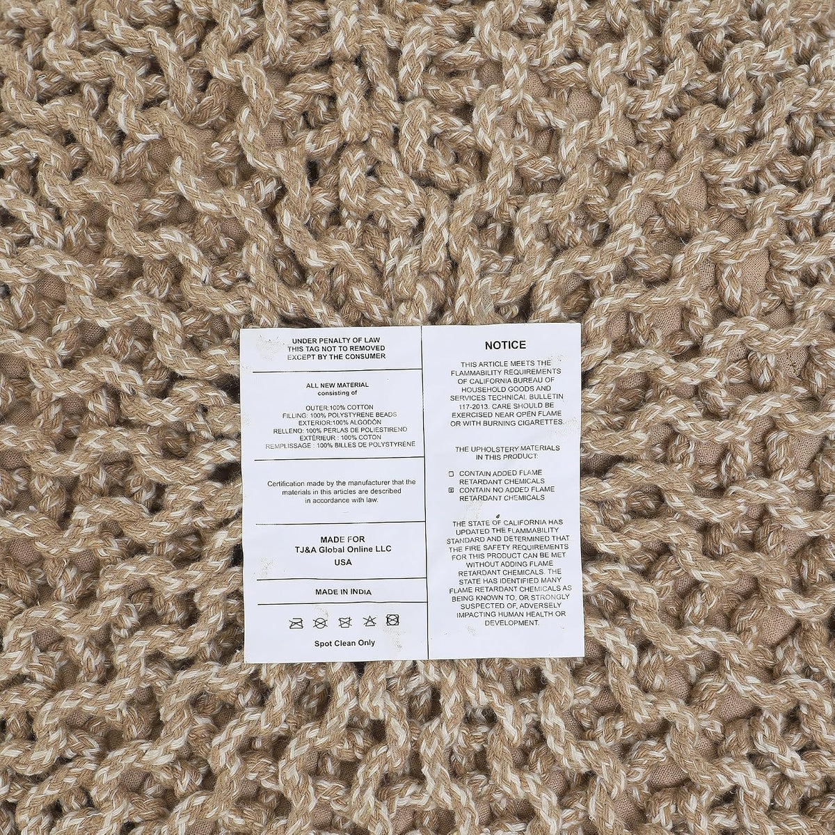 · REDEARTH · Round Pouf Ottoman - Hand Knitted Boho Poof - Beige Ivory