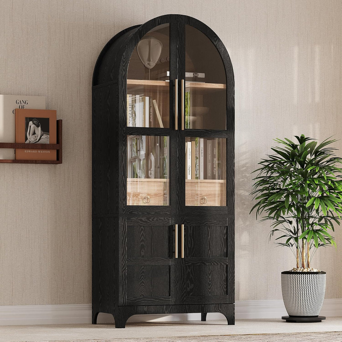 JIJIWANG 71" Tall Arched Kitchen Pantry Cabinet with Doors and Open & Adjustable Shelves, Kitchen Storage Cabine Hidden Drawer & Glass Door, Cupboard for Kitchen, Dining Room, Black