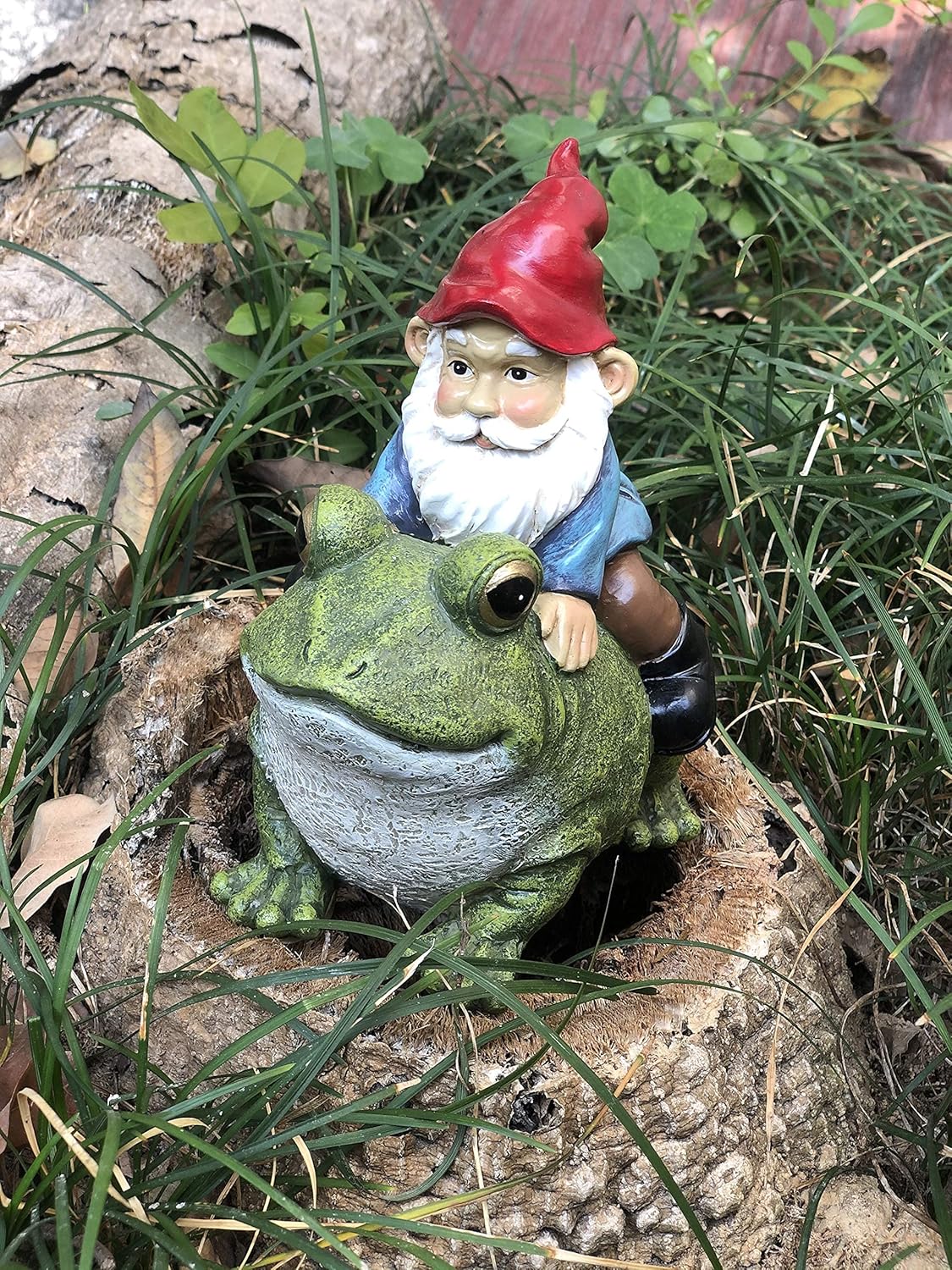 Garden Gnome Riding on Frog, Outdoor Garden Gnomes, Lawn Gnome Statue Sculpture