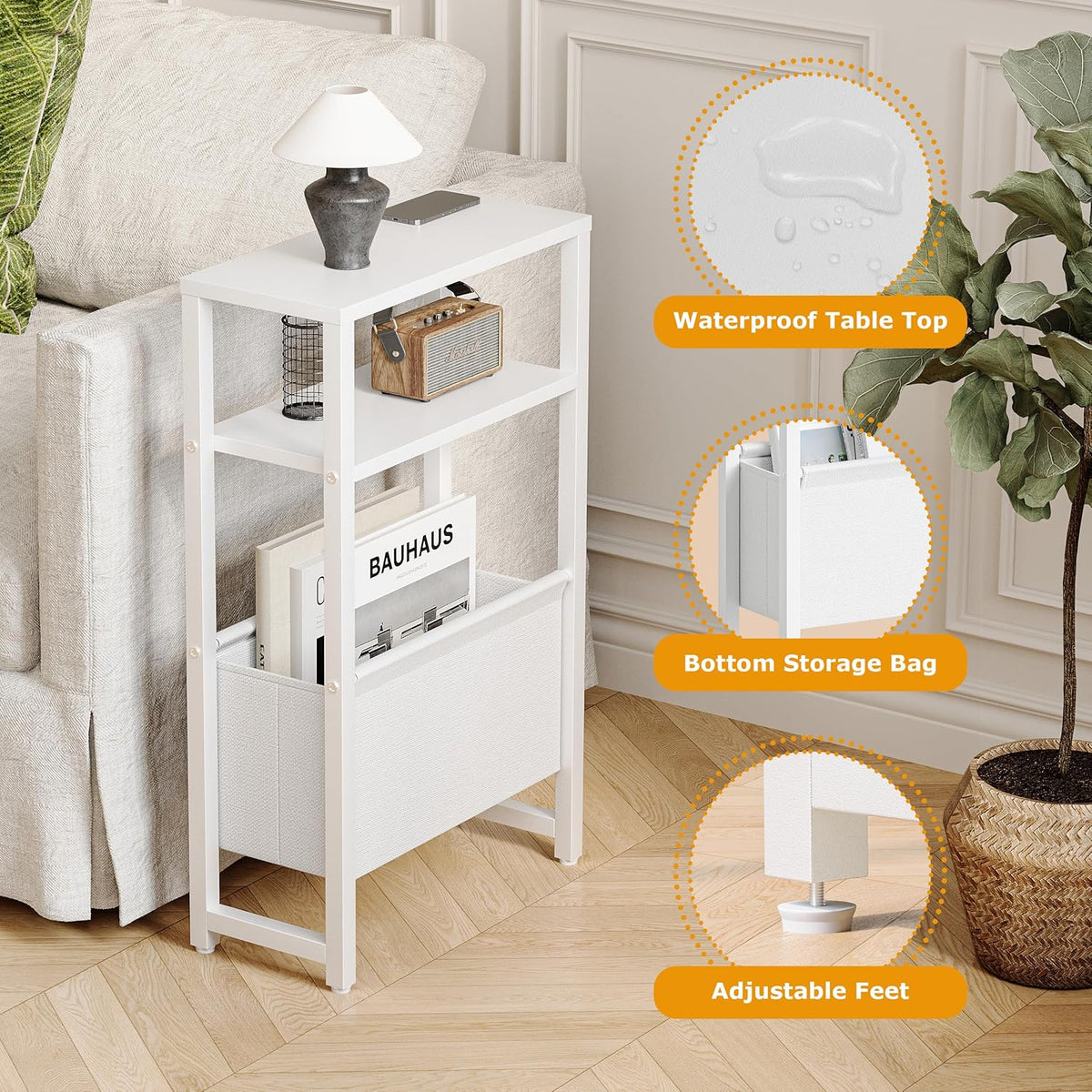 Narrow Side Table, Slim End Table with Magazine Rack, Skinny Bedside Table for Small Spaces, 3 Tier Sofa Couch Table Nightstand for Living Room, Bedroom, White LET503W