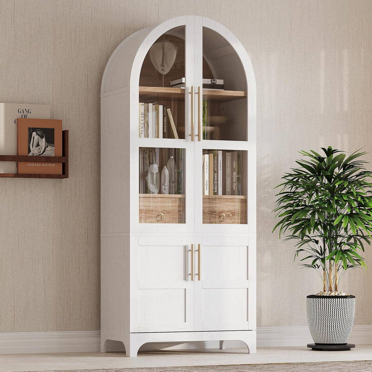 71" Farmhouse Tall Arched Kitchen Pantry Cabinet with Adjustable Shelves and Hidden Drawer, Anti-Tipping Storage Cupboard with Glass Door for Kitchen, Dining Room (White)